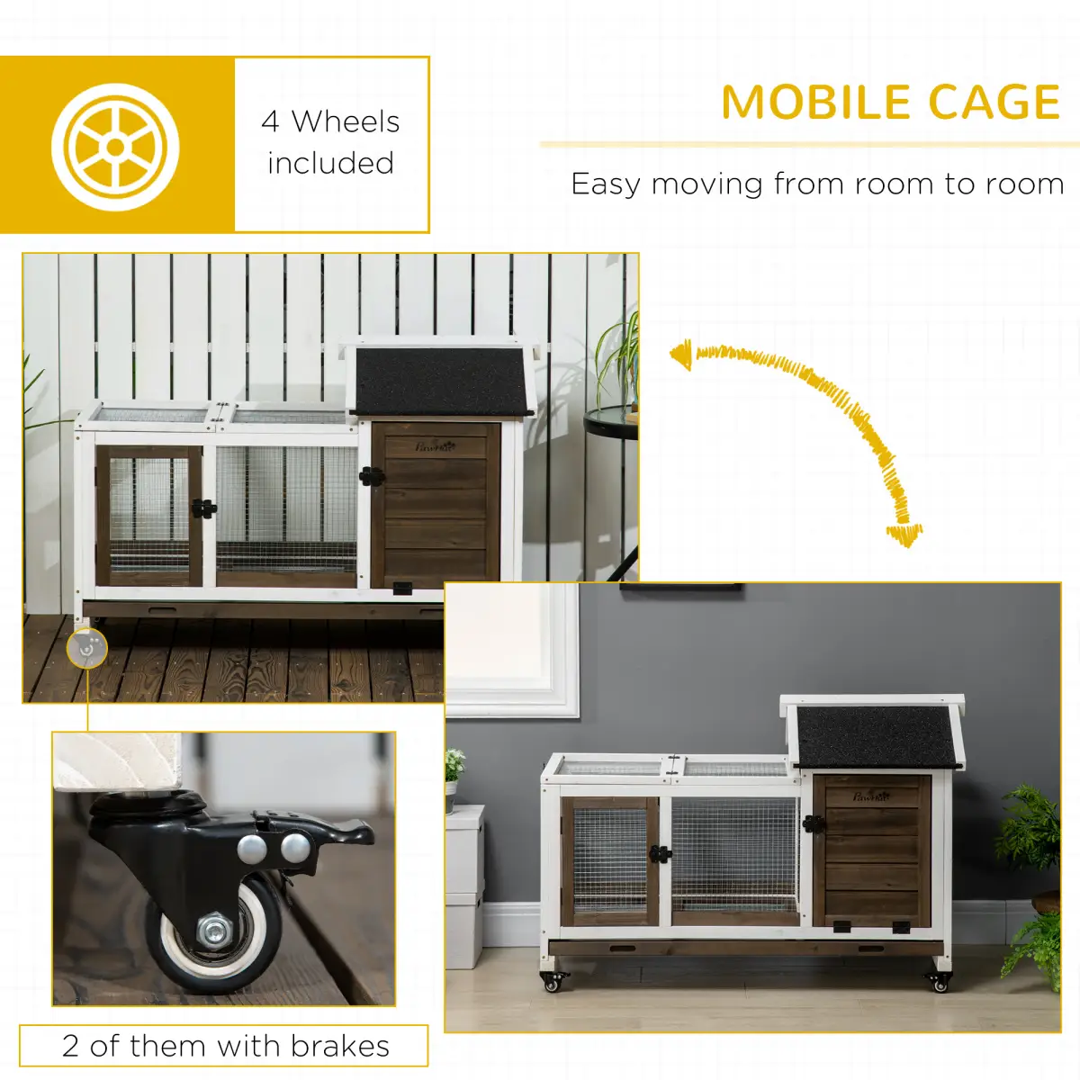 PawHut Rabbit Hutch Guinea Pig Cage with Slide-out Tray Wheels for Outdoor & Indoor - Rabbit Hutch