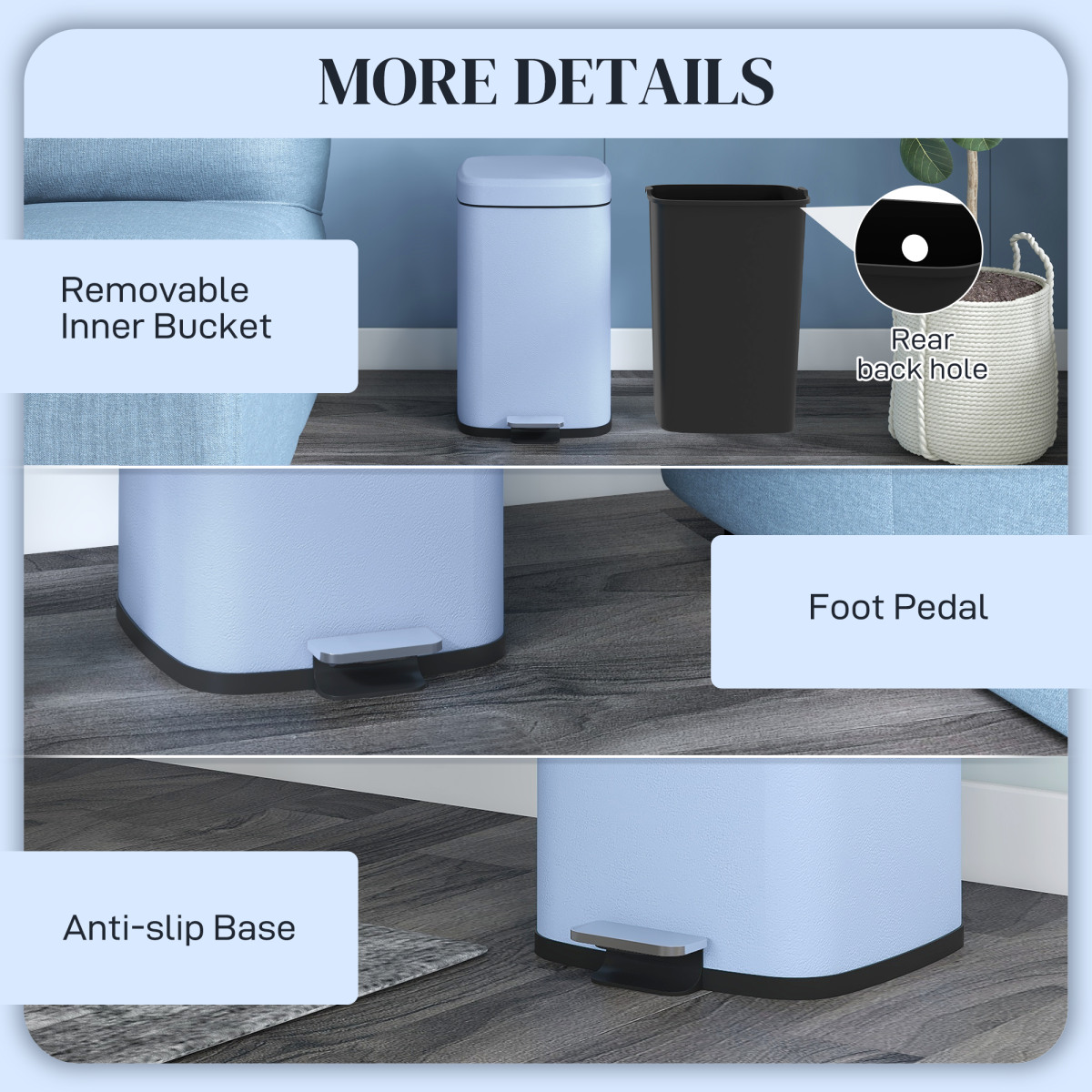 HOMCOM 20L Kitchen Pedal Bin, Metal Rubbish Bin with Soft-close Lid, Light Blue - from PawHut
