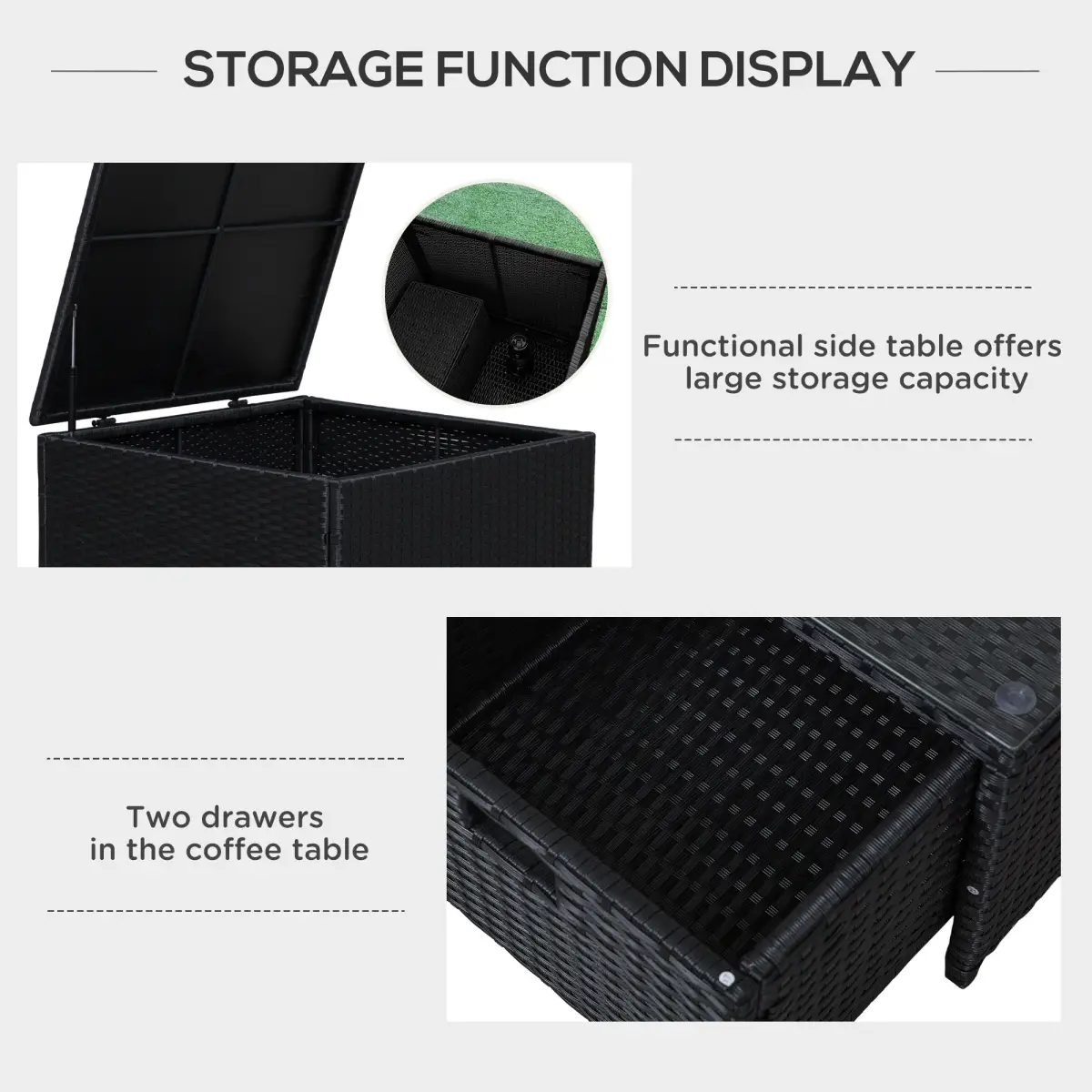 Outsunny 4-Seater Rattan Wicker Garden Patio Sofa Storage & Table Set Black - Garden Sofa Sets