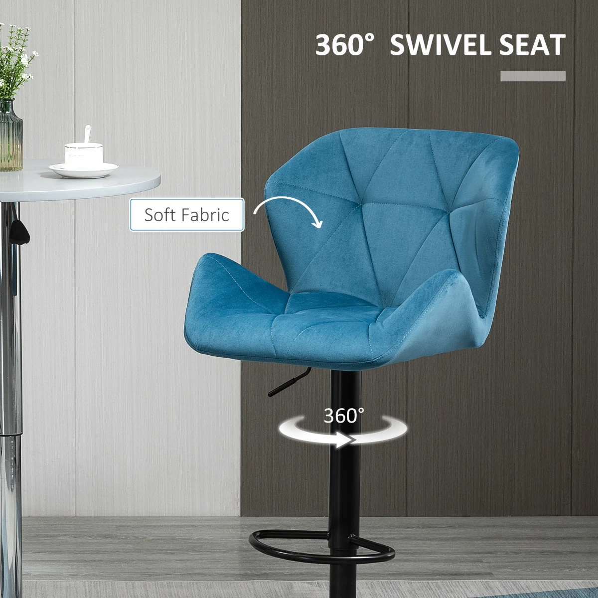 Set Of 2 Luxurious Velvet-Touch Bar Stools w/ Metal Frame Footrest Base Blue by HOMCOM