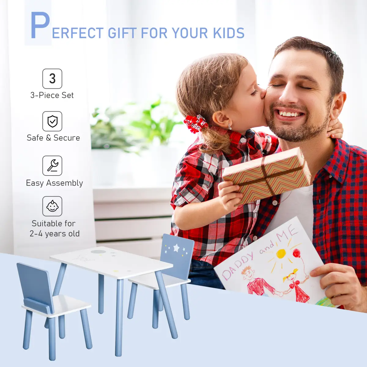 Unbranded 3 Pcs Kids Table & Chairs Dining Set Wood Legs Safe Corners Seating HOMCOM - Garden Set