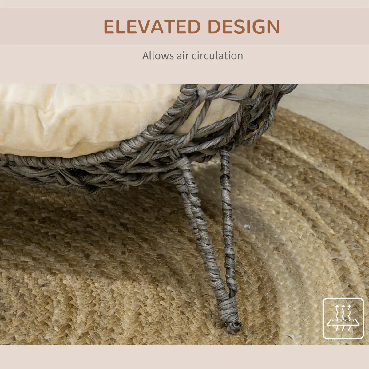 PawHut Rattan Elevated Cat House Kitten Basket Pet Bed w/ Cushion - Silver-Tone, Grey - Cat House