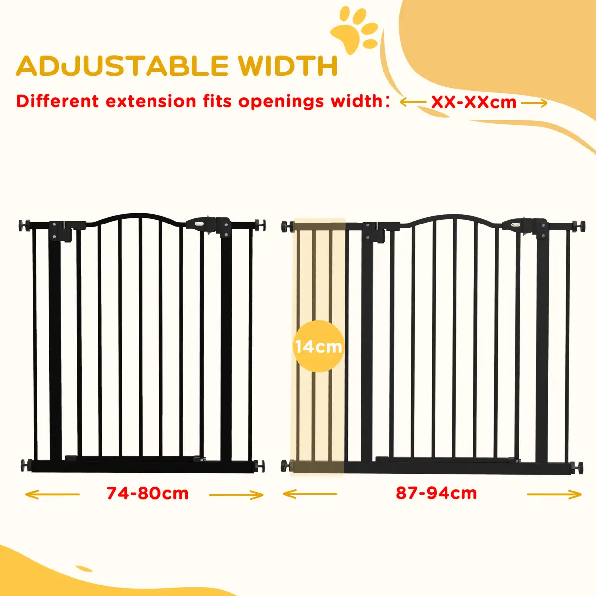 PawHut PawHut 74-94cm Adjustable Metal Pet Gate Safety Barrier w/ Auto-Close Black - Pet Gate