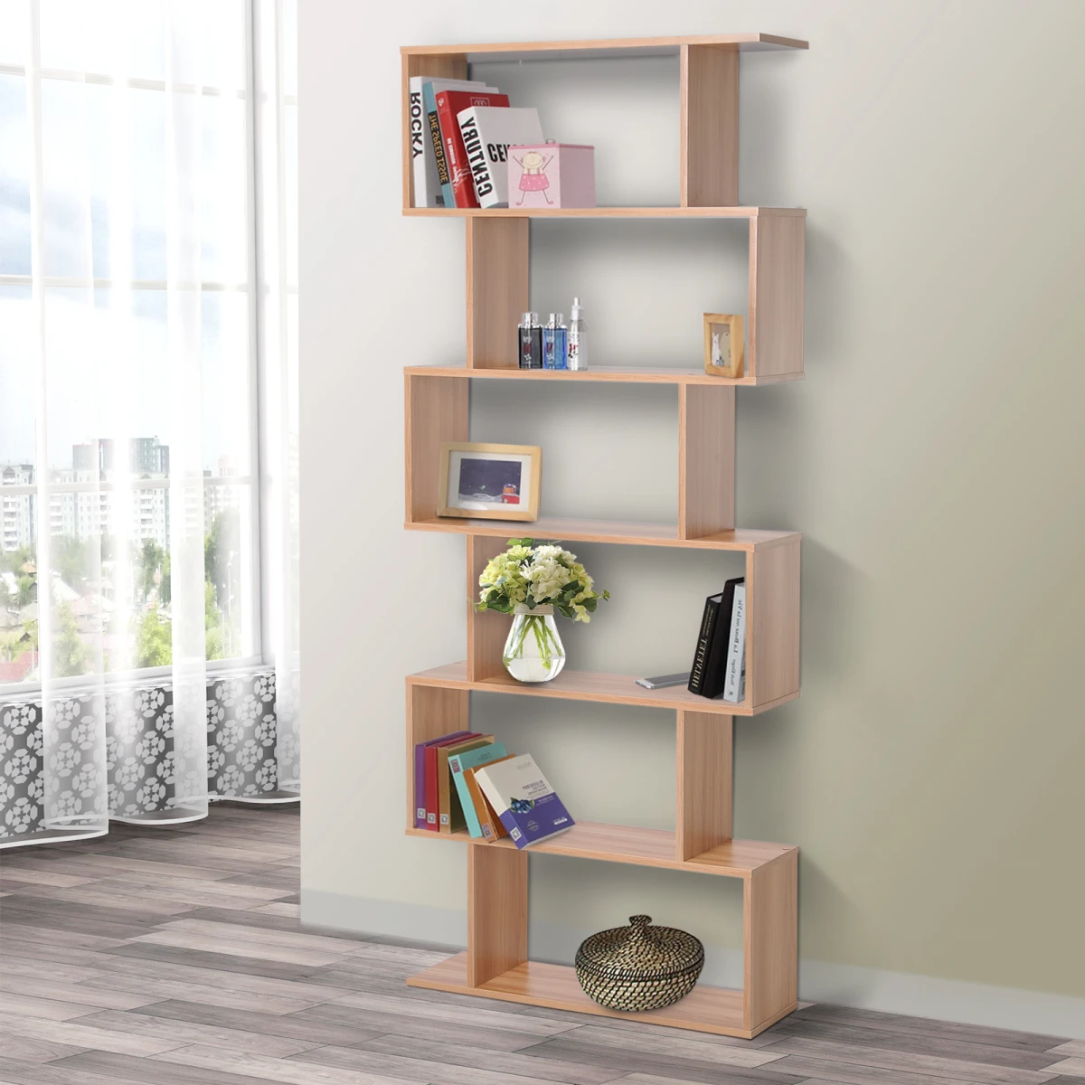 Premium Maple Tall 6 Tier S Shaped Wooden Shelf For Home Office Display And Organization - Office Storage