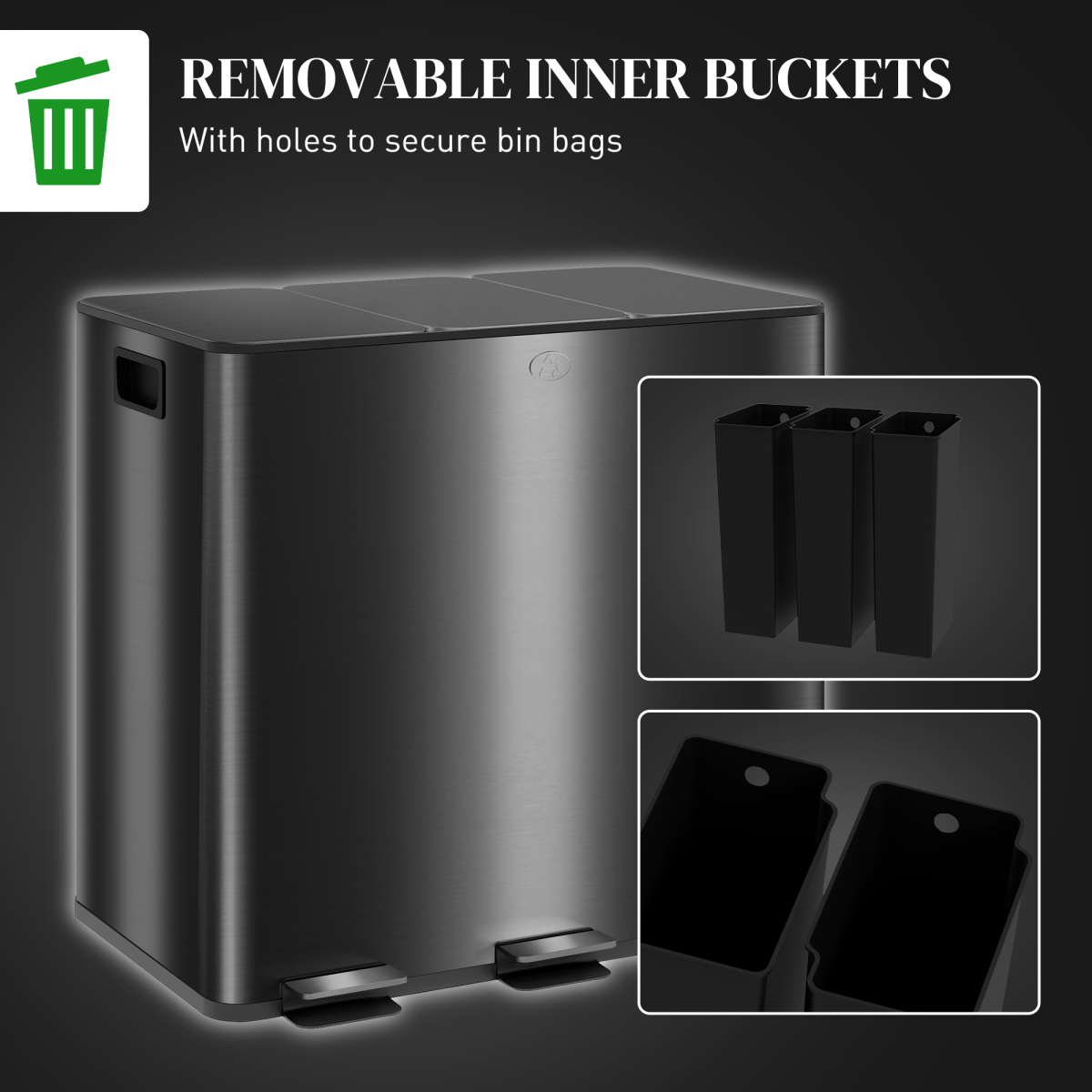 HOMCOM 3 x 15L Triple Kitchen Bin Pedal Bin for Recycling and Waste, Black - from HOMCOM