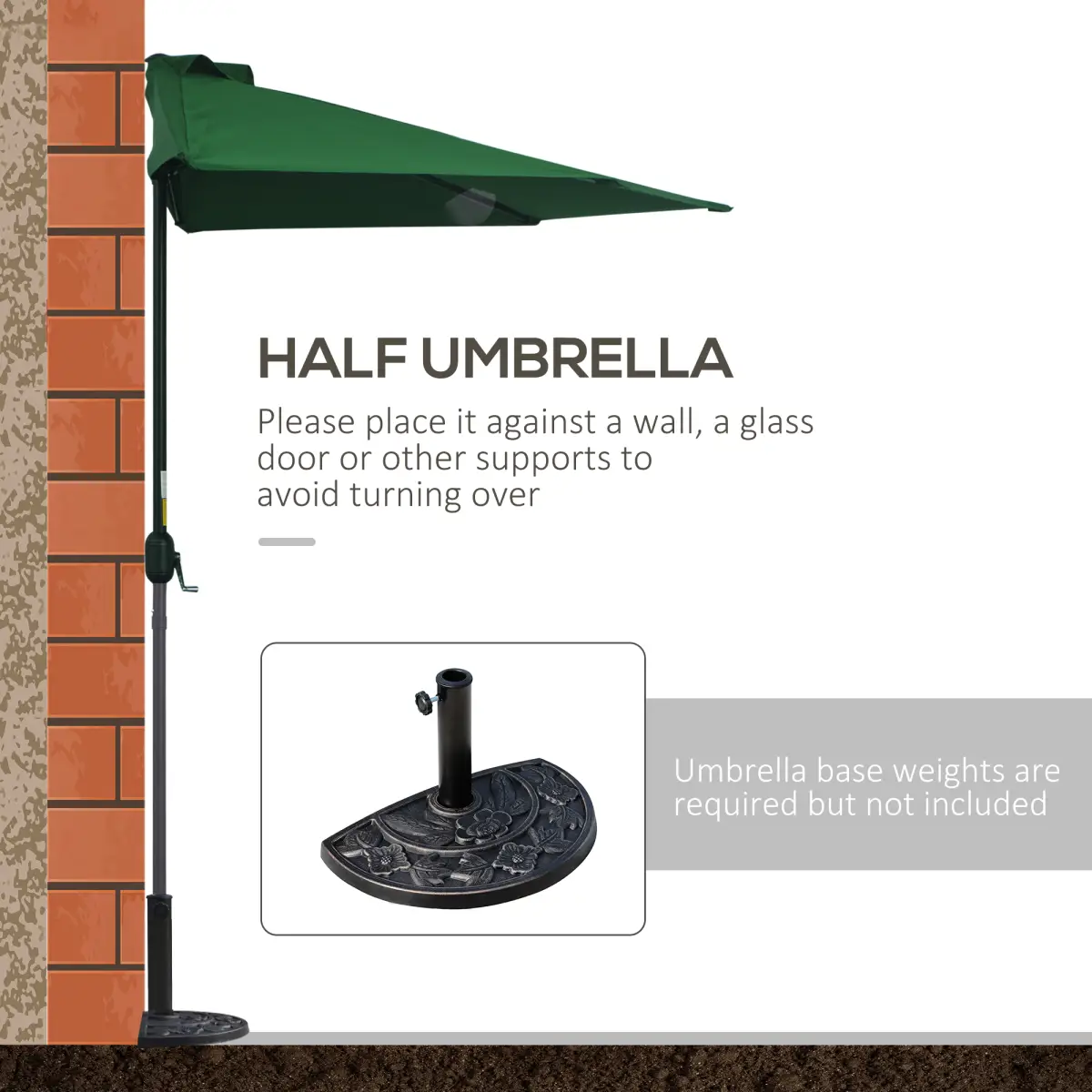 Outsunny 3m Half Parasol Umbrella Metal Frame Crank NO BASE INCLUDED, Green - Parasol