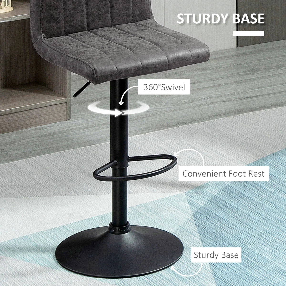 HOMCOM Premium Bar Stools Set Of 2 Adjustable Height With Footrest Grey PU Leather For Home Kitchen by Homcom
