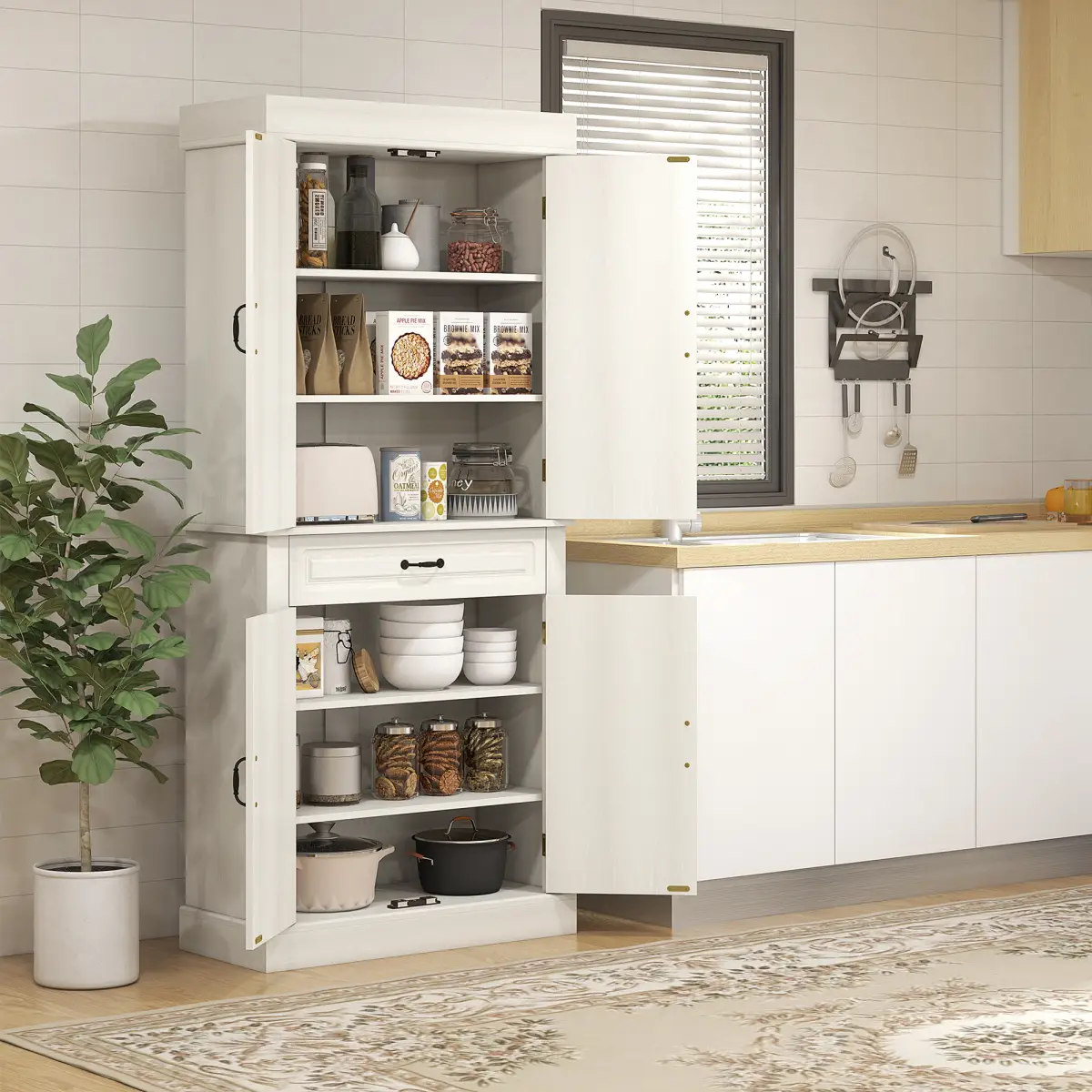 HOMCOM HOMCOM 180cm Kitchen Pantry Storage Cabinet Server Food Organizer, White - Display Cabinet