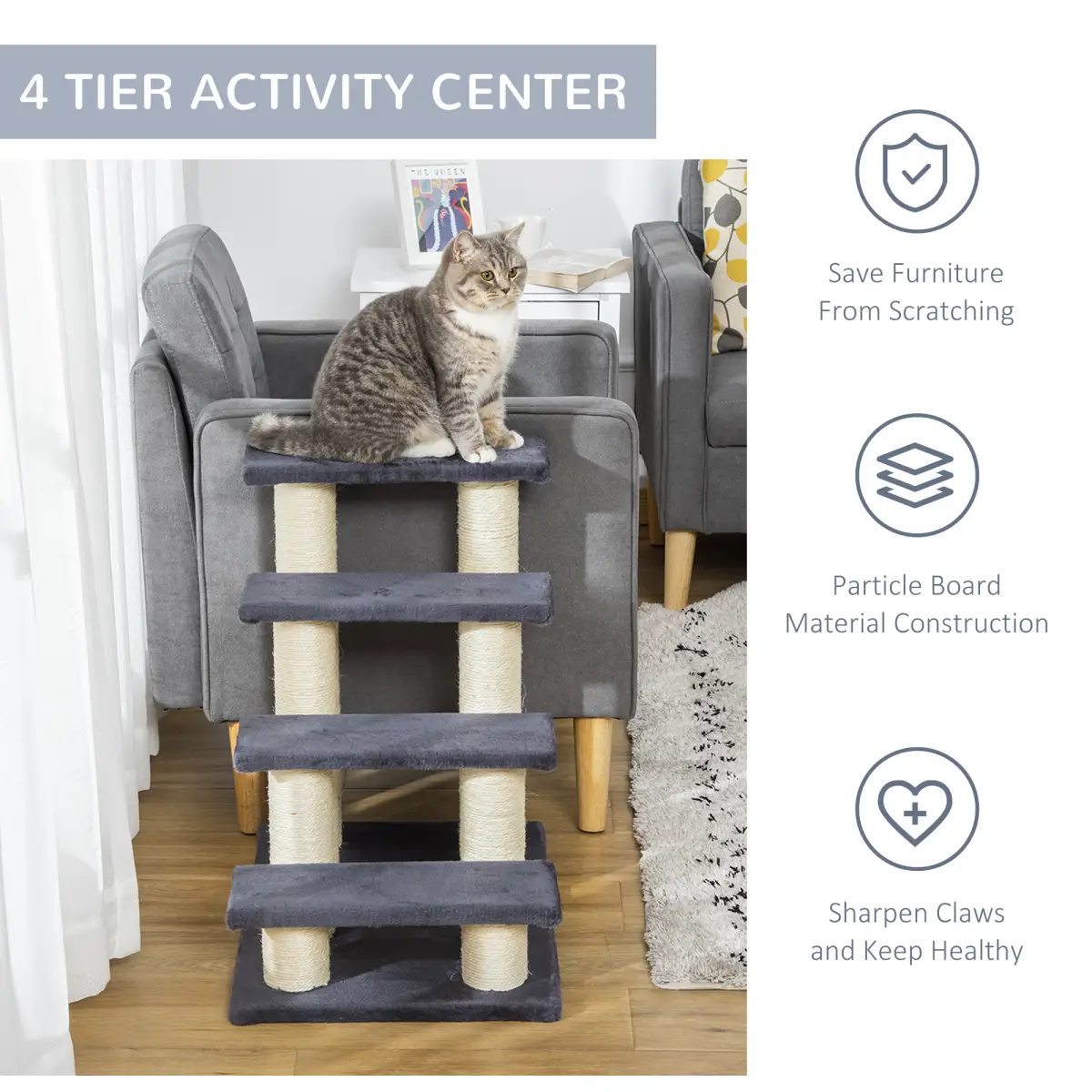 Pawhut Pet Stair Dog Cat Step Ladder Climb Plush Soft Comfort Particle Board - Cat Tree