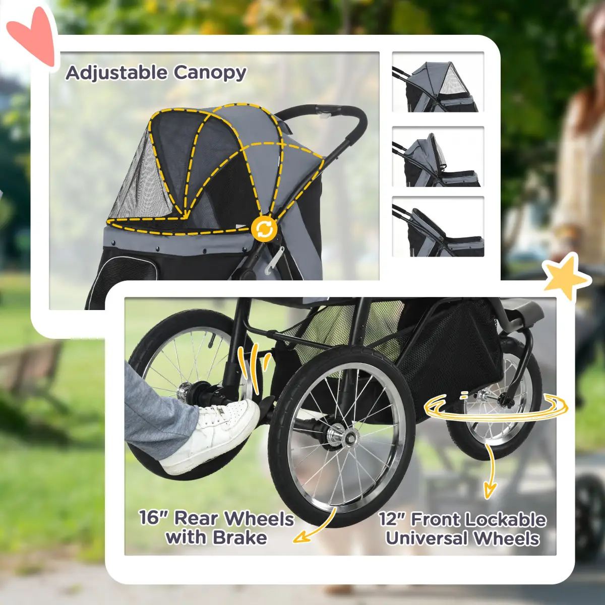 PawHut 3 Wheel Pet Stroller, for Medium Small Dogs, Foldable Cat Pram - Grey - Pet Carrier