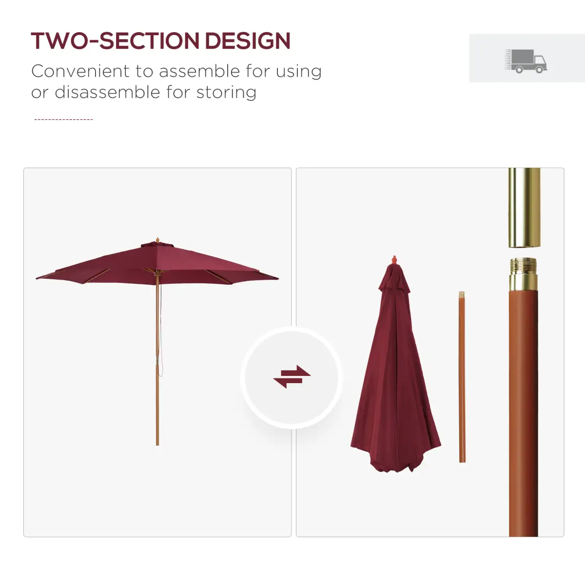 Outsunny Outsunny 3m Fir Wooden Garden Parasol Sun Shade Outdoor Umbrella Canopy Wine Red - Parasol