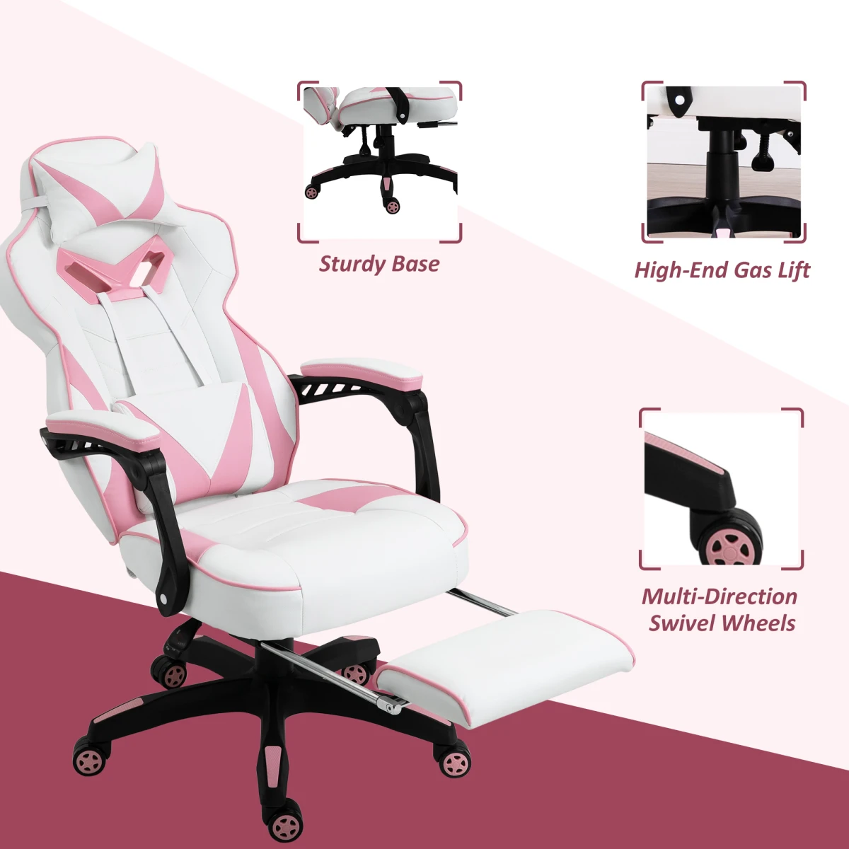 Vinsetto Gaming Chair Ergonomic Reclining w/ Manual Footrest Wheels Stylish Office Pink - Office Chair