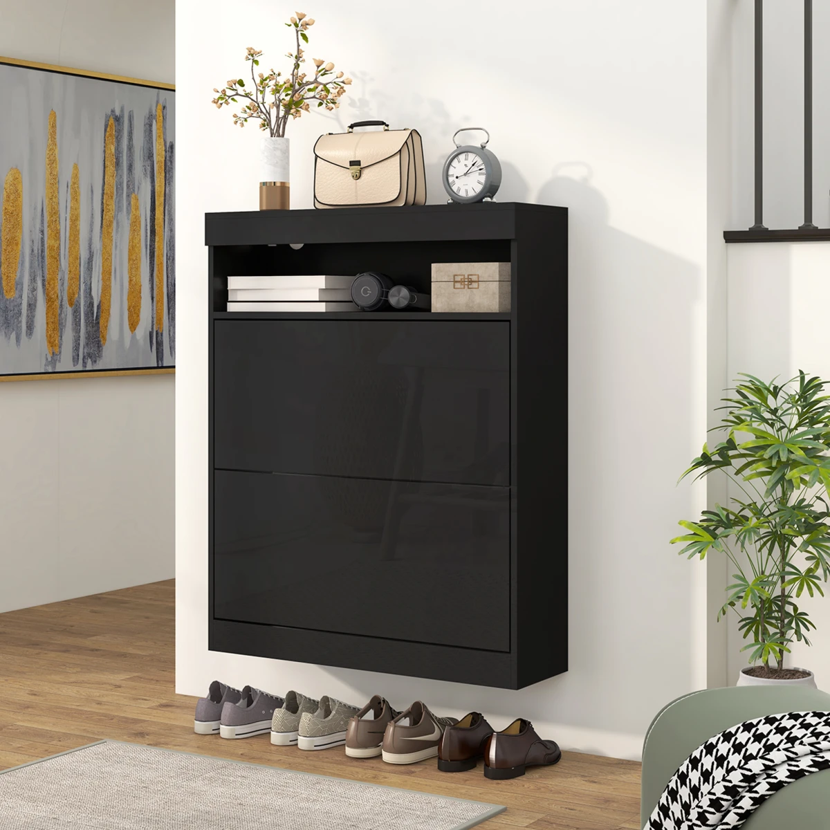 HOMCOM Shoe Cabinet Holds 12 To 16 Shoes Two Flip Drawers Wall Mount Or Freestanding Space Saving For Entryways by HOMCOM