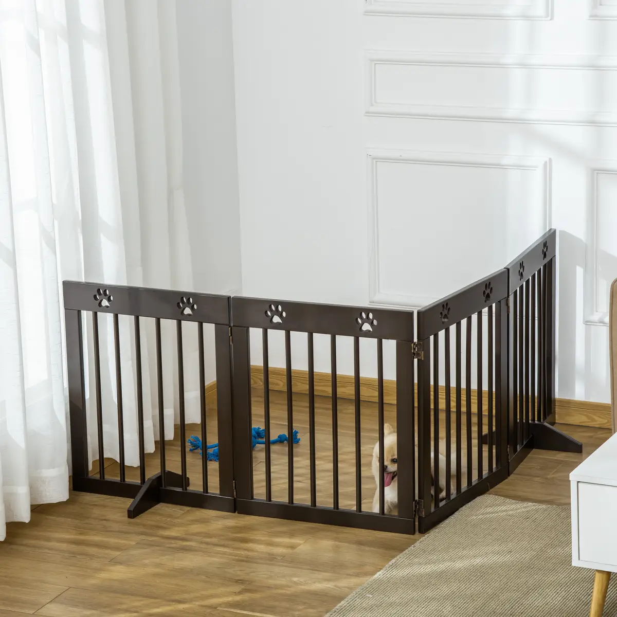 Pawhut Freestanding Pet Gate 4 Panel Folding Wooden Dog Barrier w/ Support Feet - Pet Gate
