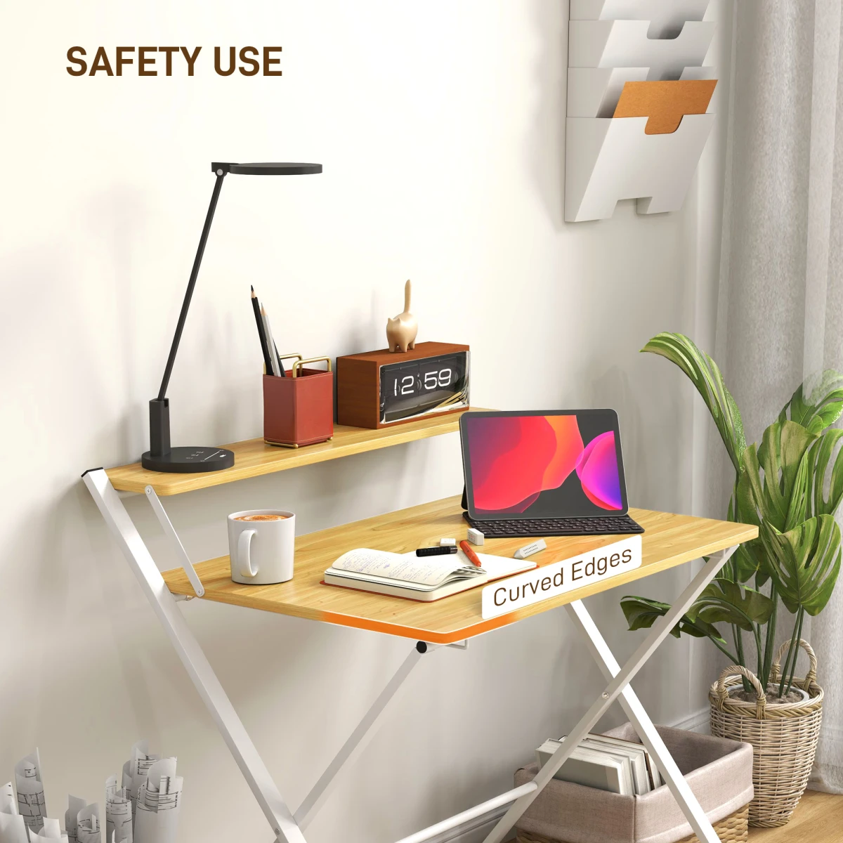 HOMCOM Folding Desk With Two Tier Shelf Maple Wood Effect for Home Office and Bedroom by HOMCOM