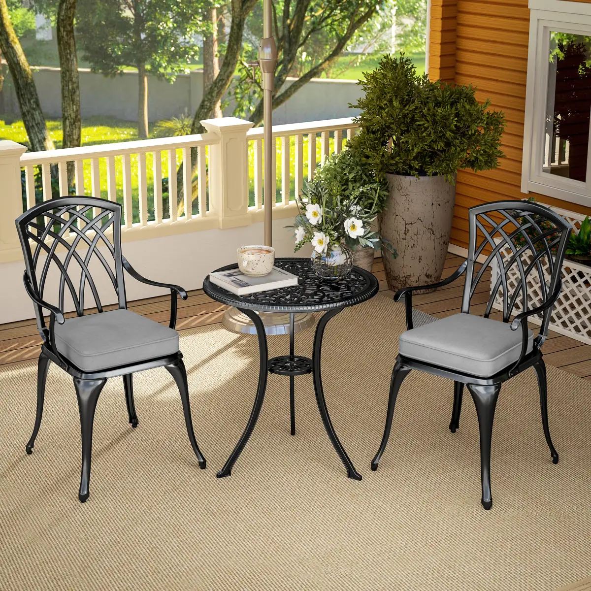 Outsunny Outsunny 3 PCs Aluminium Garden Coffee Table Set w/ Parasol Hole & Cushions - Garden Set