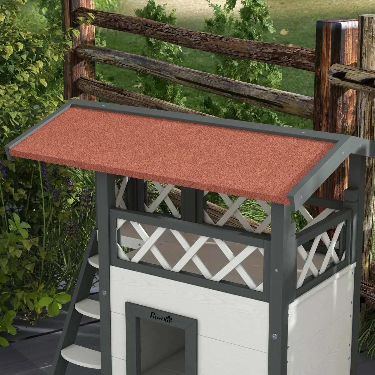 PawHut PawHut Outdoor Cat House with Balcony Stairs Roof, White - Cat House