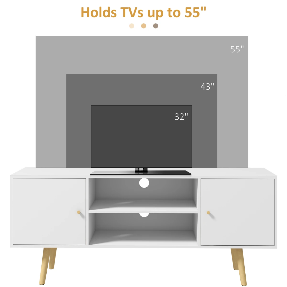 White TV Stand Cabinet 55 Inch Cable Management Living Room
