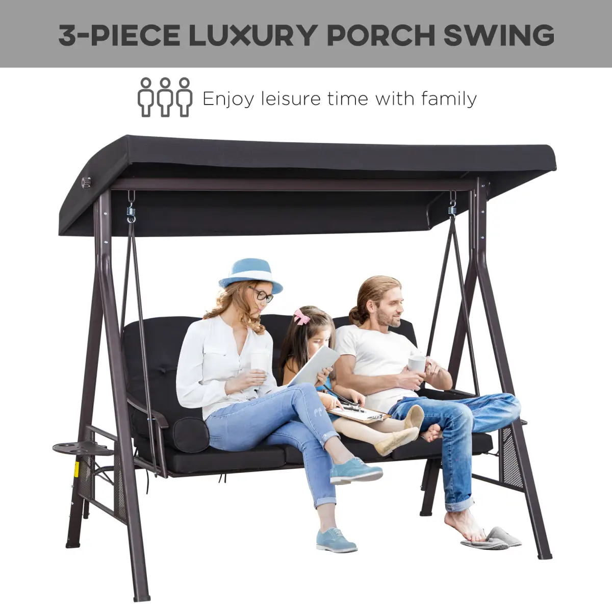Outsunny Outsunny 3 Seater Garden Swing Chair Patio Swing Bench w/ Cup Trays Black - Hammocks
