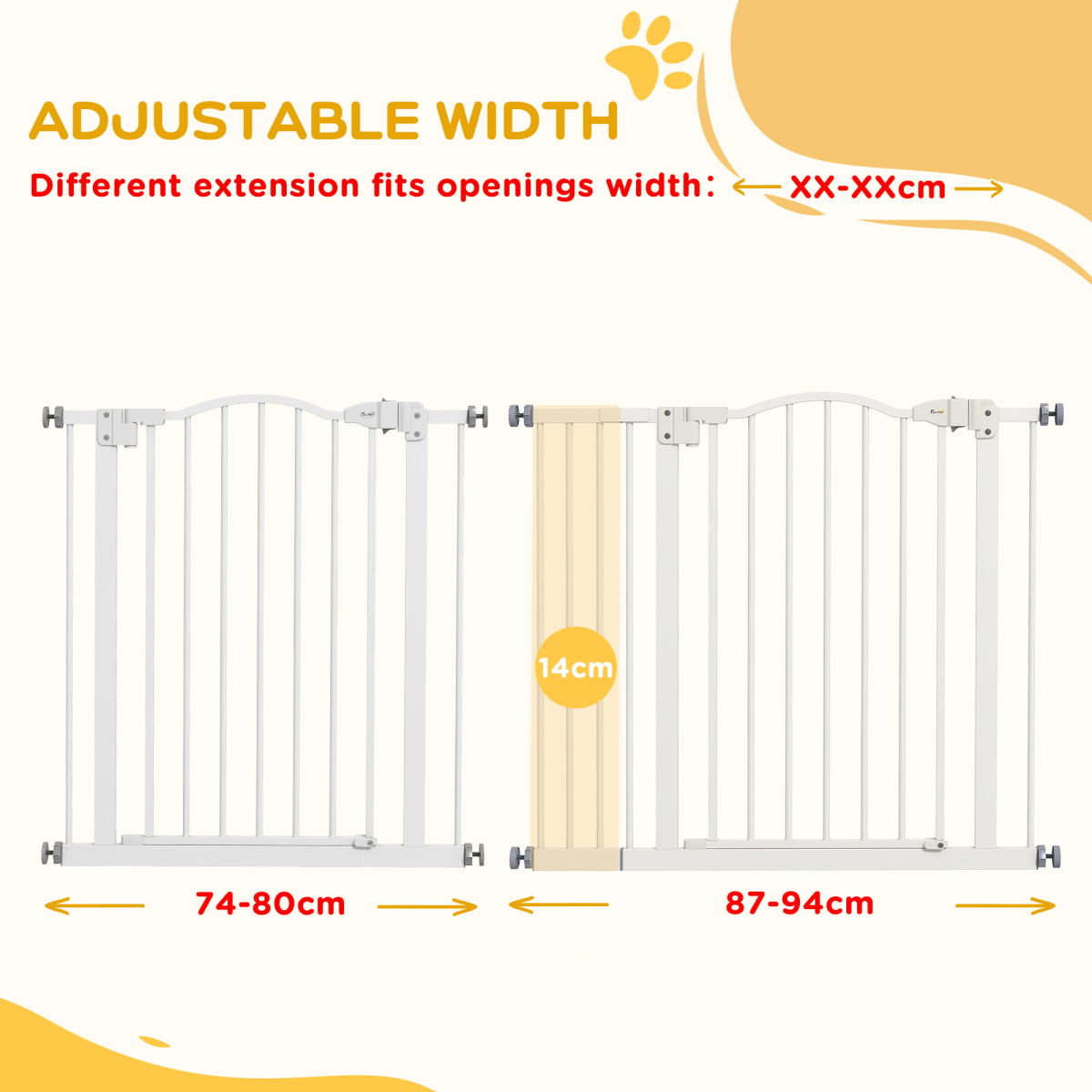 PawHut 74-94cm Adjustable Metal Pet Gate Safety Barrier w/ Auto-Close White - from PawHut