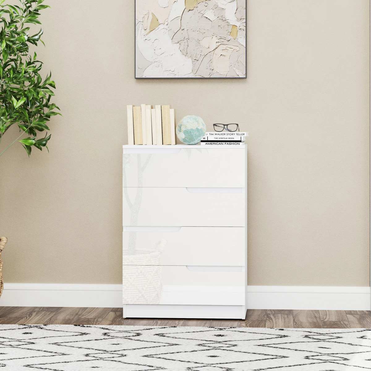 HOMCOM 4 Drawer Chest 60x40x85cm High Gloss Drawer Panels Hidden Curved Handles for Bedroom Storage by HOMCOM