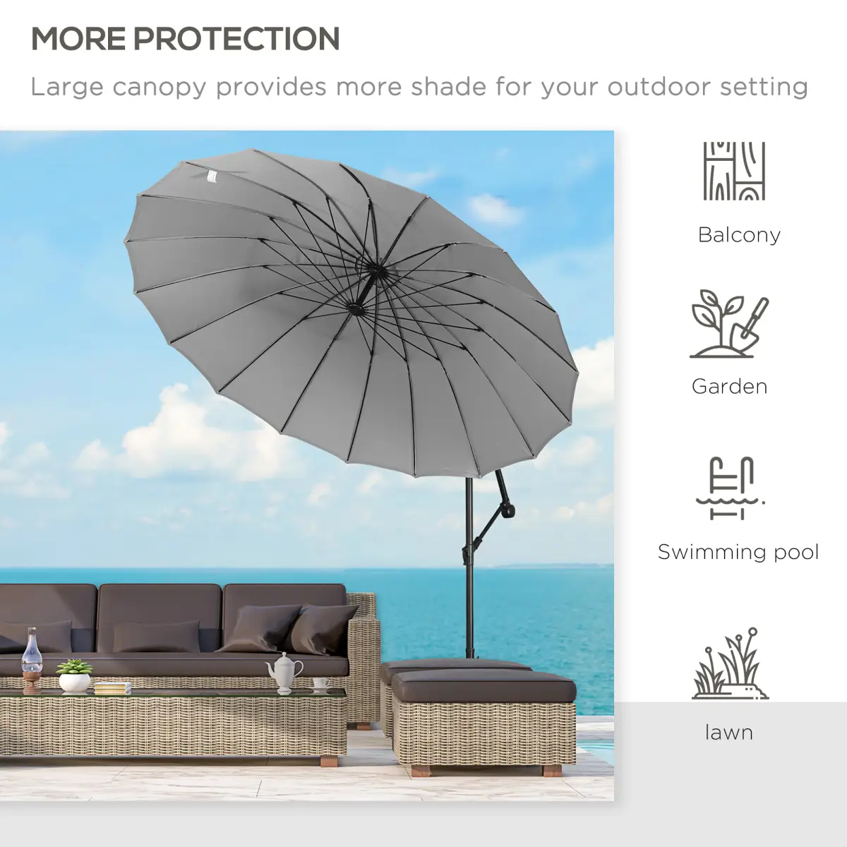 Unbranded 3(m) Cantilever Shanghai Parasol w/ Crank Handle, Cross Base, Grey Outsunny - Parasol
