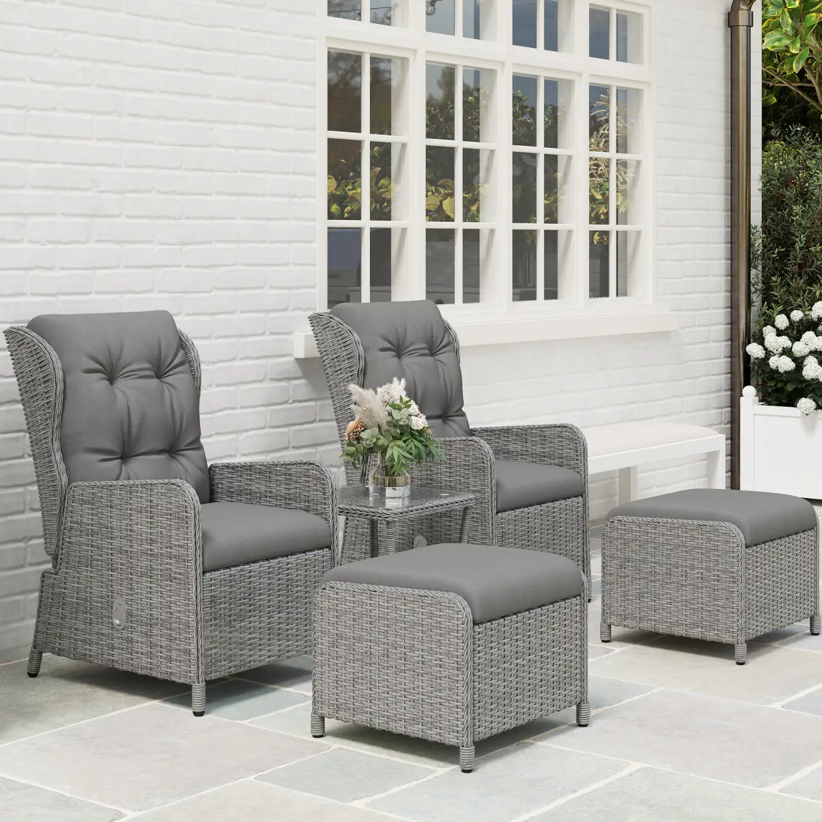 Outsunny Outsunny Recliner Rattan Garden Furniture w/ Two-tier Table, Light Grey - Garden Set