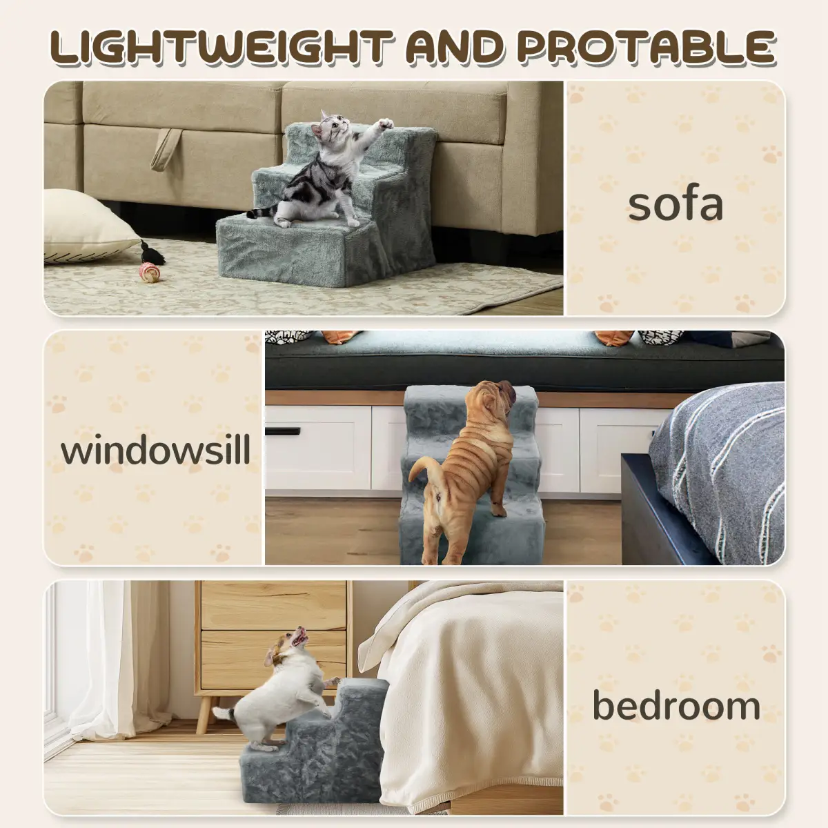 PawHut PawHut Three-Step Portable Dog Stairs with Washable Plush Cover, for Small Pets - Dog Steps