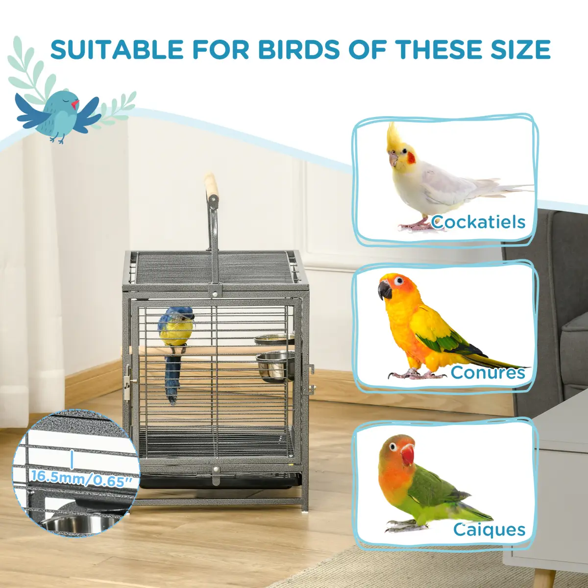 PawHut Parrot Cage Bird Carrier w/ Wooden Perch, Handle - Pet Cage