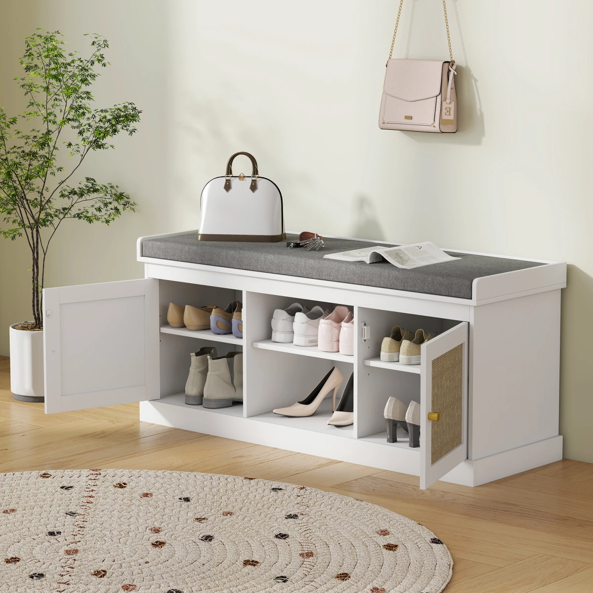 HOMCOM HOMCOM Shoe Bench, Boho Shoe Storage Bench with Padded Cushion, White -