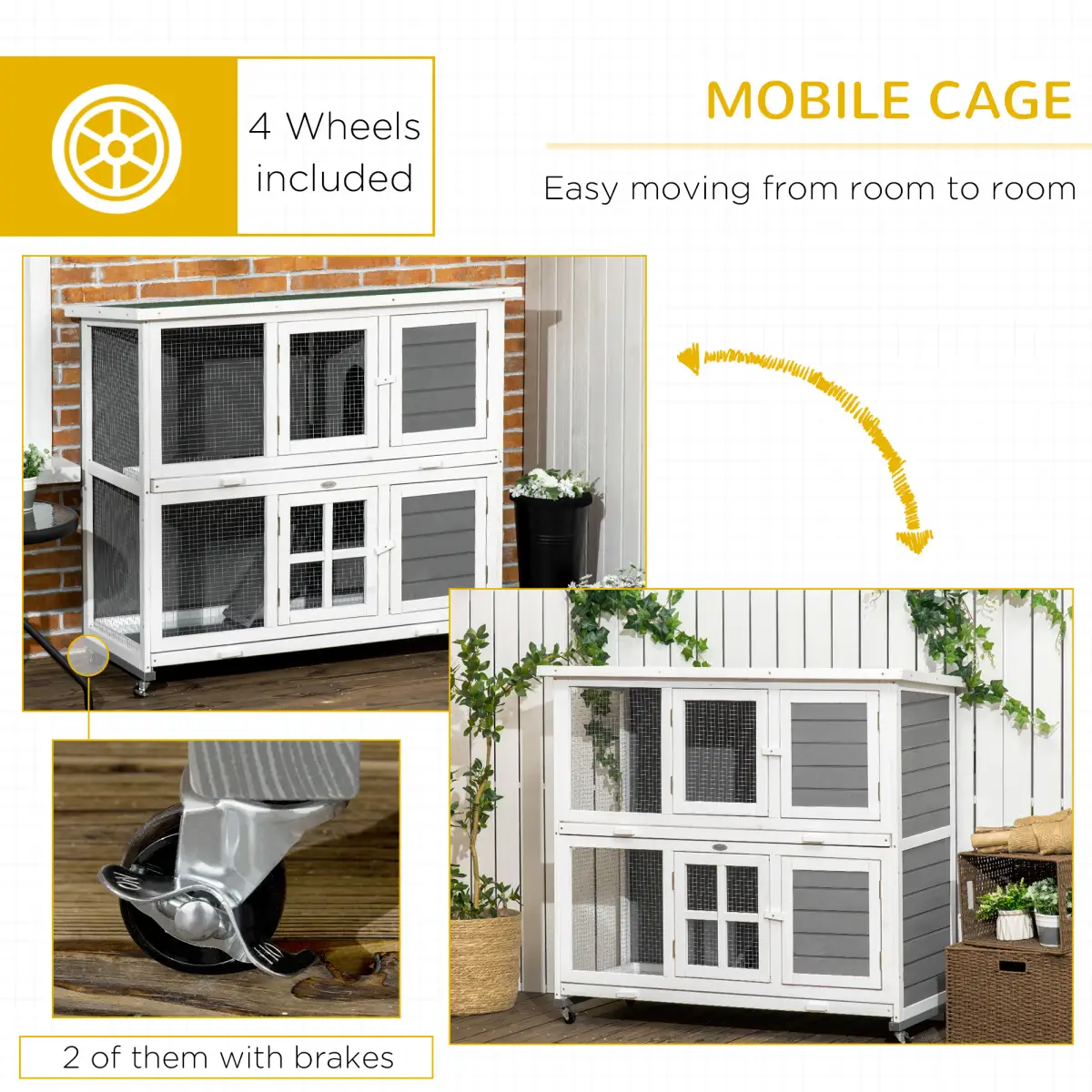PawHut PawHut Wooden Rabbit Hutch, Small Animal House w/ Wheels, Removable Tray - Grey - Rabbit Hutch