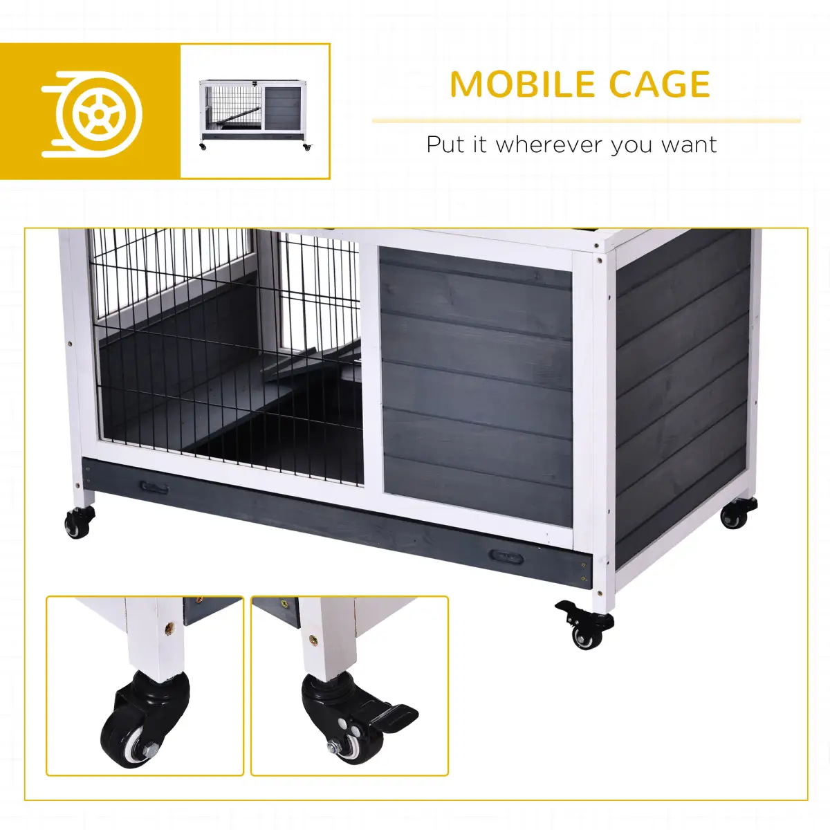 Unbranded Wood Indoor Rabbit Hutch Elevated 2-Floor Guineas Pigs Cage w/ Wheels Pawhut - Rabbit Hutch