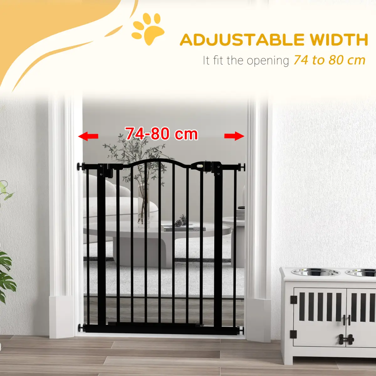 PawHut PawHut 74-80cm Adjustable Metal Pet Gate Safety Barrier w/ Auto-Close Black - Pet Gate