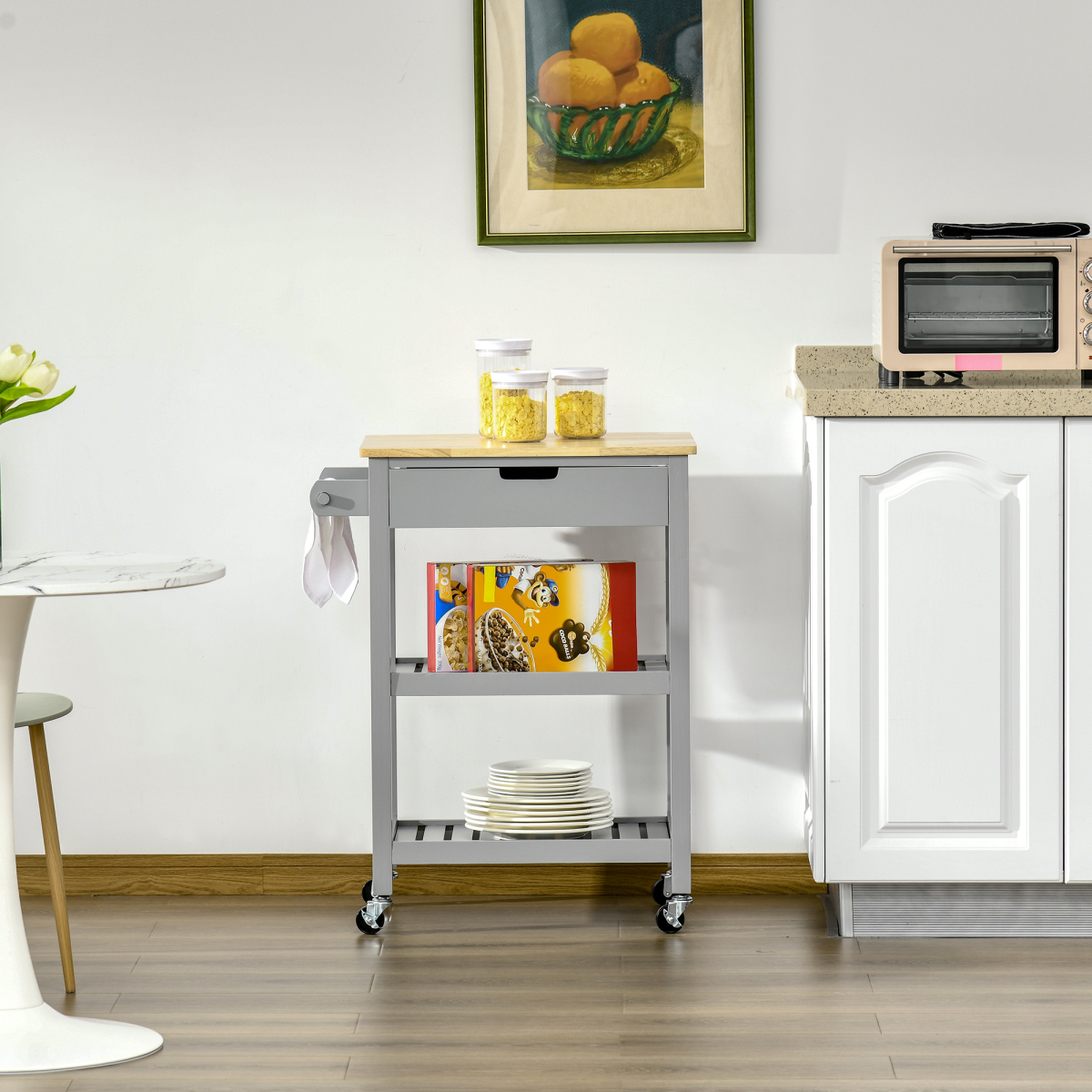 Kitchen Trolley Utility Cart on Wheels with Rubberwood Worktop Towel Rack - from HOMCOM