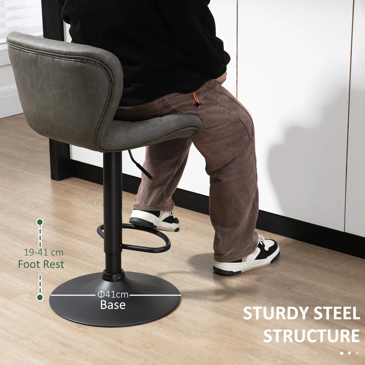 HOMCOM Adjustable Height Bar Stools 91 to 112 cm Swivel Faux Leather Diamond Stitching Home Office Set Of 2 by HOMCOM