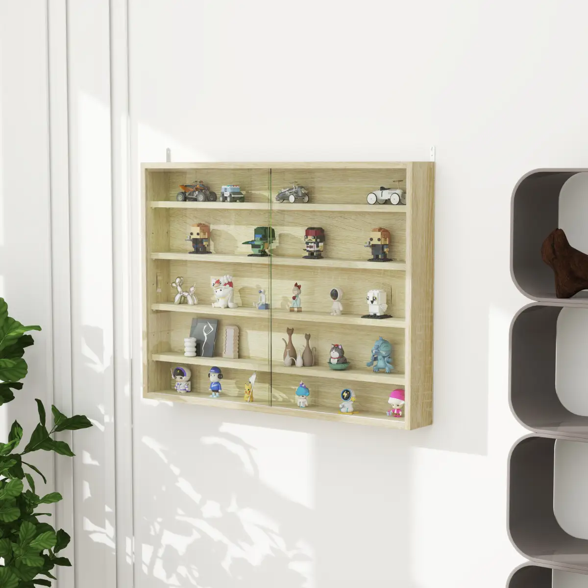 HOMCOM HOMCOM 5-Tier Wall Display Shelf Unit Cabinet w/ Shelves Glass Doors Oak - Display Cabinet