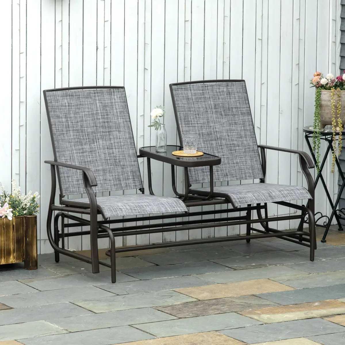 Outsunny 2 Seater Metal Double Swing Chair Glider Rocking Chair Seat With Table Grey - Garden Chairs