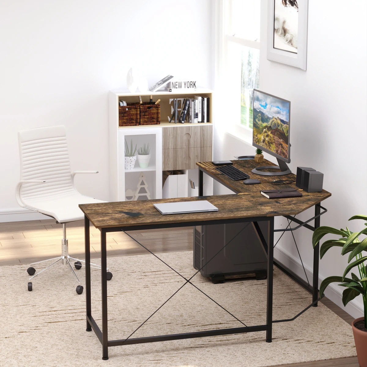Industrial L-Shape Desk 60x24in Wood Grain Office - Desk