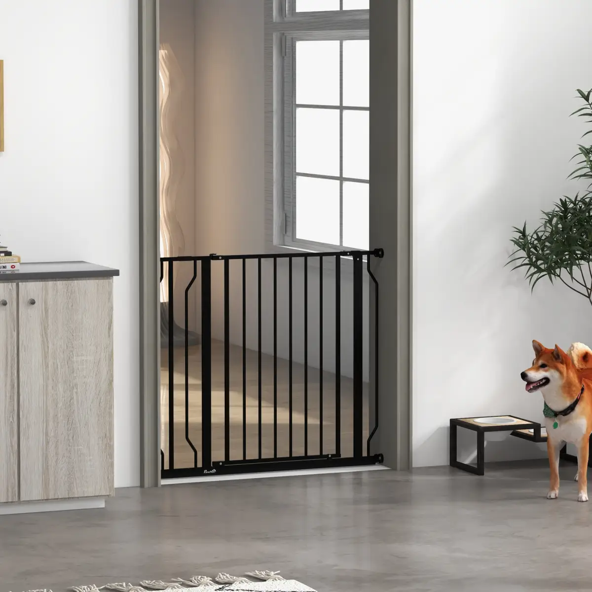 PawHut PawHut Dog Gate Wide Stair Gate with Door Pressure Fit, 75-95W cm, Black - Pet Gate