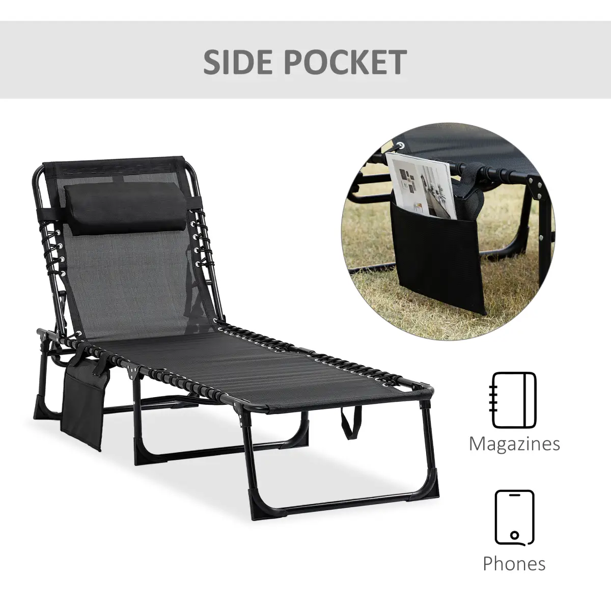 Outsunny Lounger Folding Reclining Camping Bed 5-position Adjustable Black - Sun Lounger