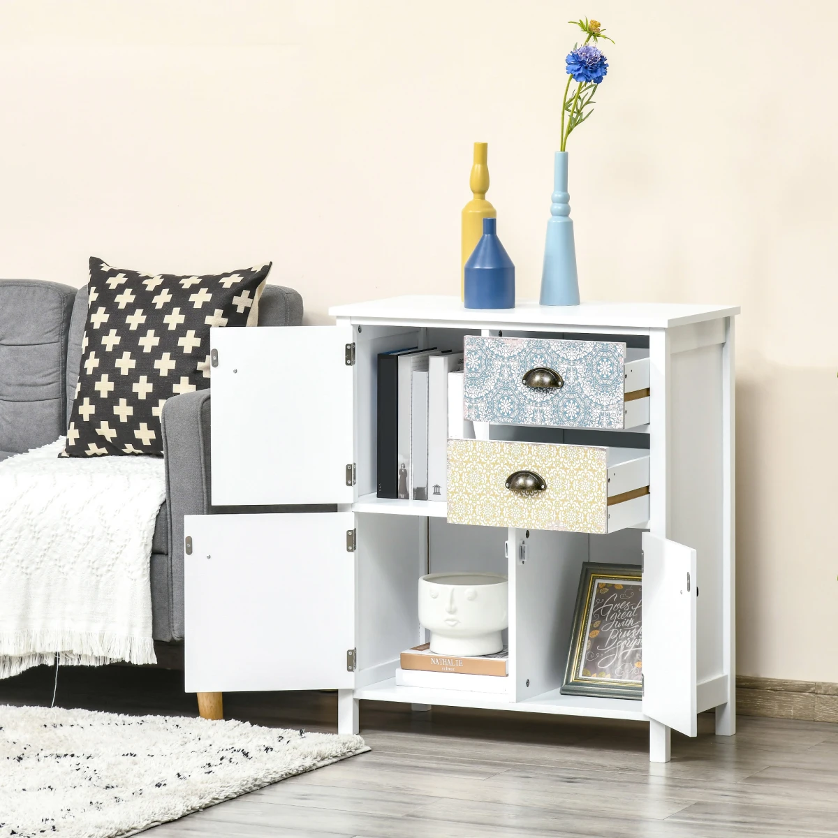 HOMCOM Boho Chic Storage Chest Compact Two Drawers And Three Cabinets Colorful Pattern Panels For Any Room - Chest of Drawers