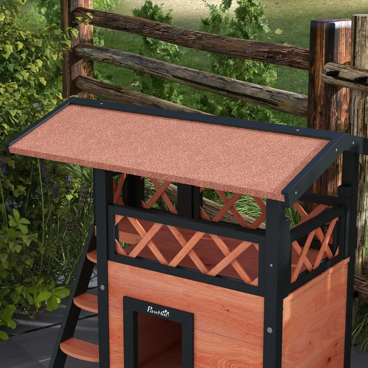 PawHut PawHut Outdoor Cat House with Balcony Stairs Roof, Brown - Cat House