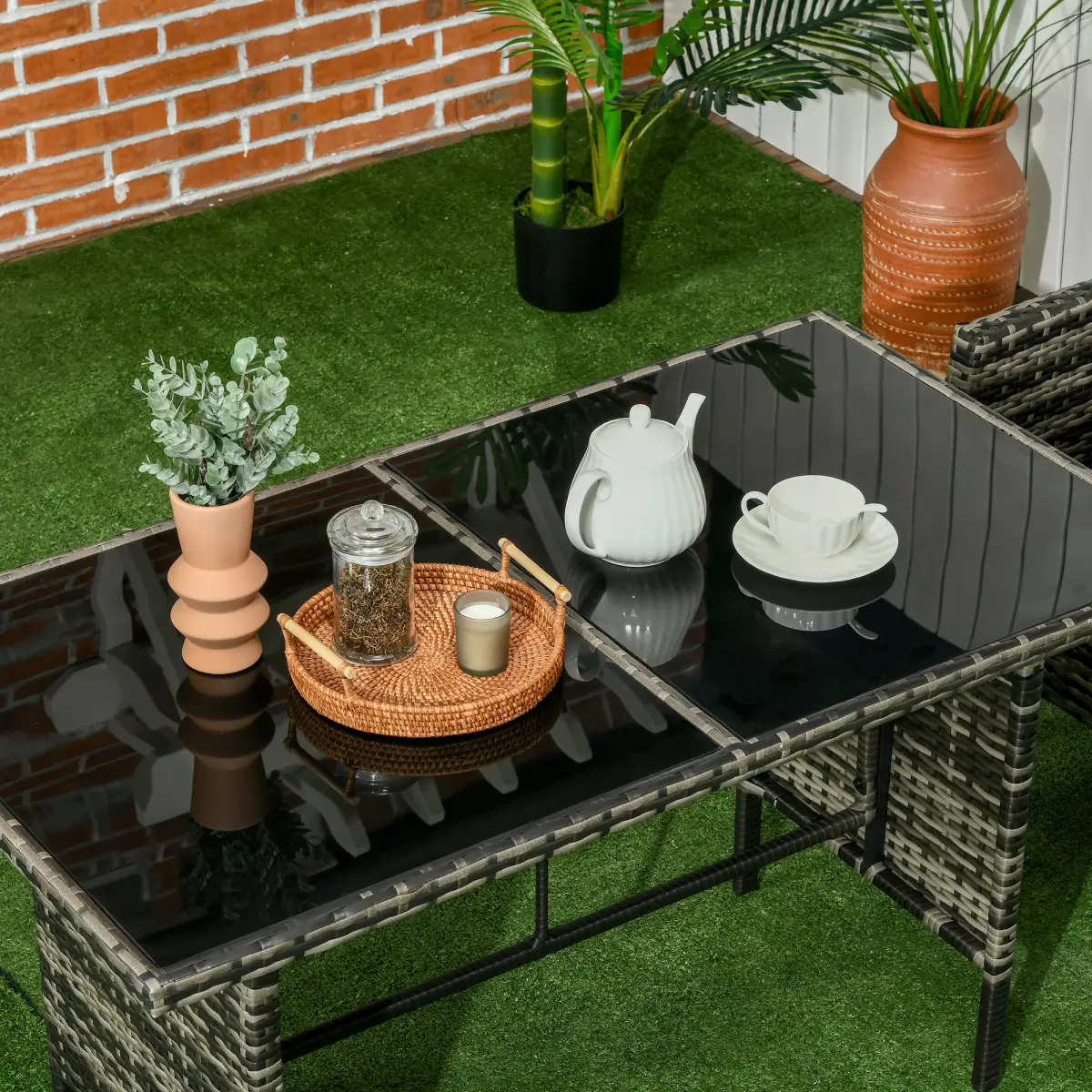 Outsunny Outsunny Rattan Garden Furniture Sofa Set, 2 Armchairs 2 Footstools Table Grey - Garden Set