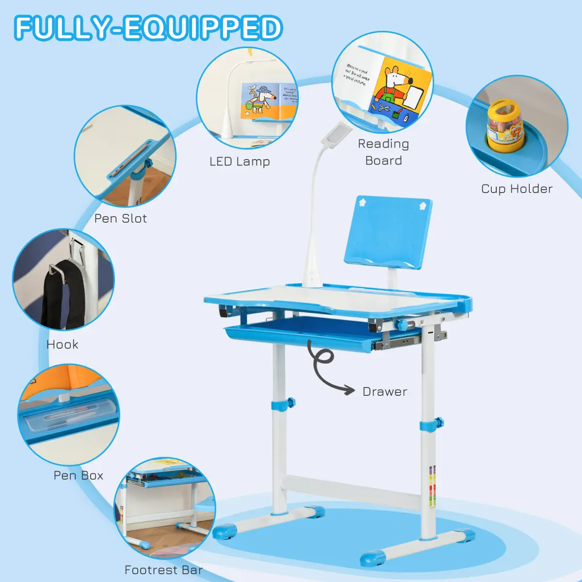 HOMCOM HOMCOM Kids Study Desk and Chair Set w/ USB Lamp, Adjustable Height, Blue - Desk