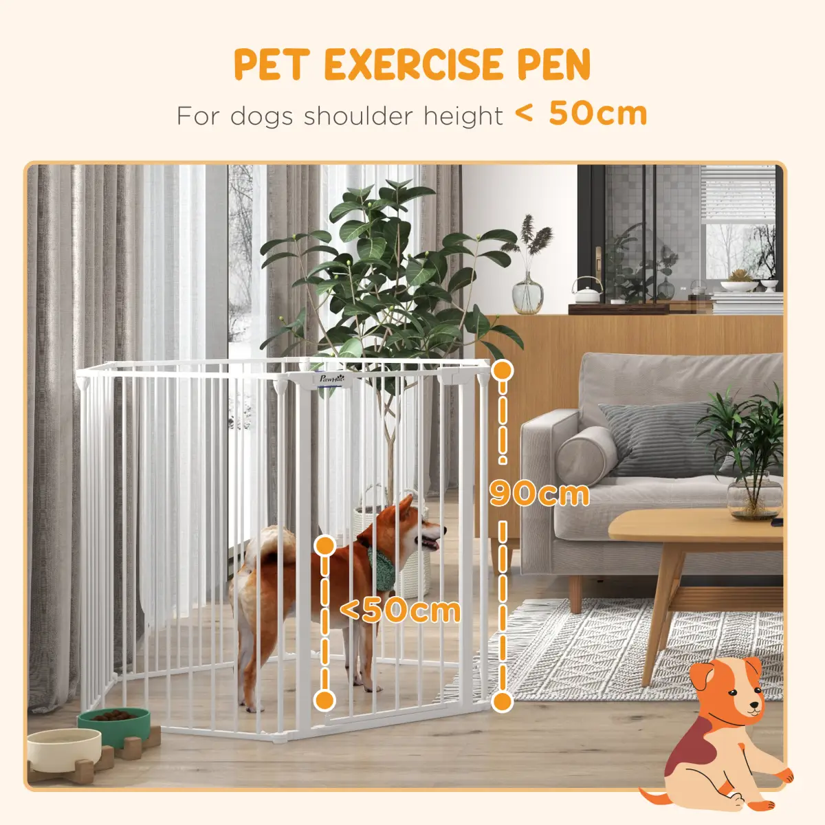 PawHut PawHut 2 in 1 Dog Pen, Safety Pet Gate, 6 Panels, for Medium Dogs, 90Hcm - White - Pet Gate