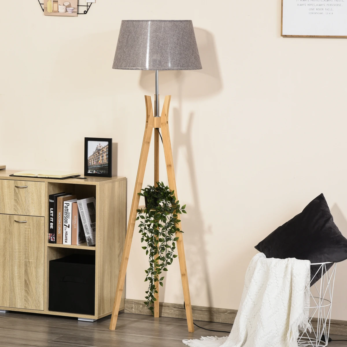 HOMCOM Tripod Floor Lamp 156cm with Fabric Shade for Modern Living Rooms - Lamp