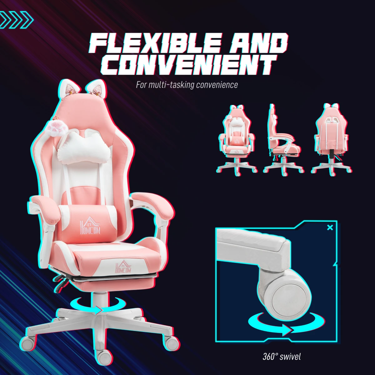 HOMCOM Pink Gaming Chair 44-52cm Recline Footrest for Gamers by HOMCOM