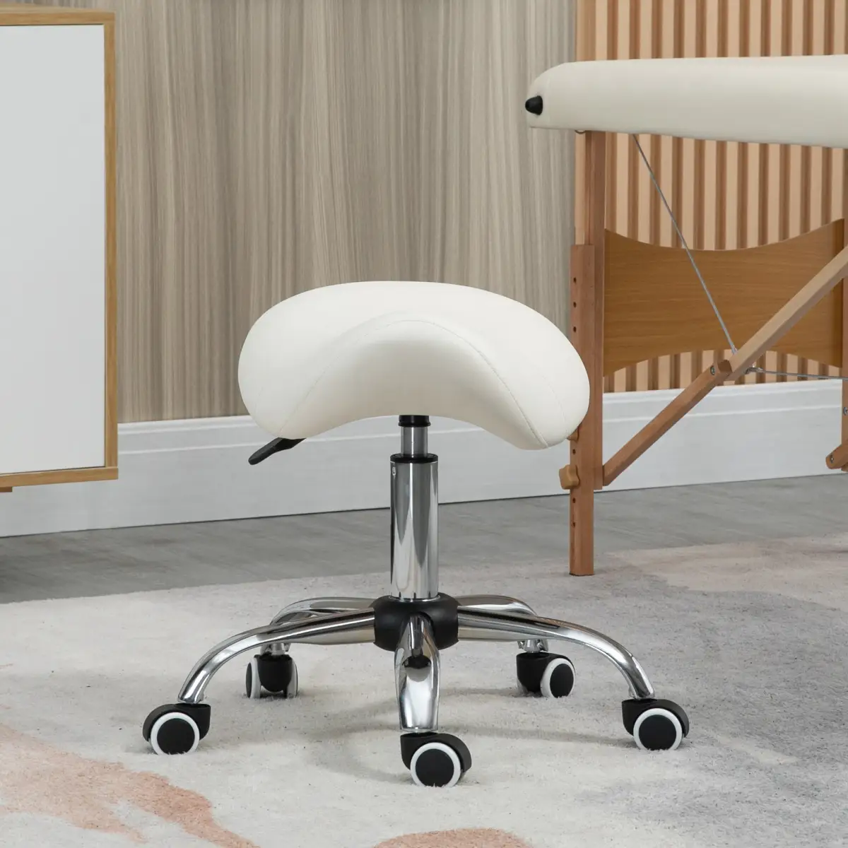 HOMCOM Saddle Stool Hydraulic Rolling Faux Leather Height Adjust Mobility Chair Cream - Bar Stool