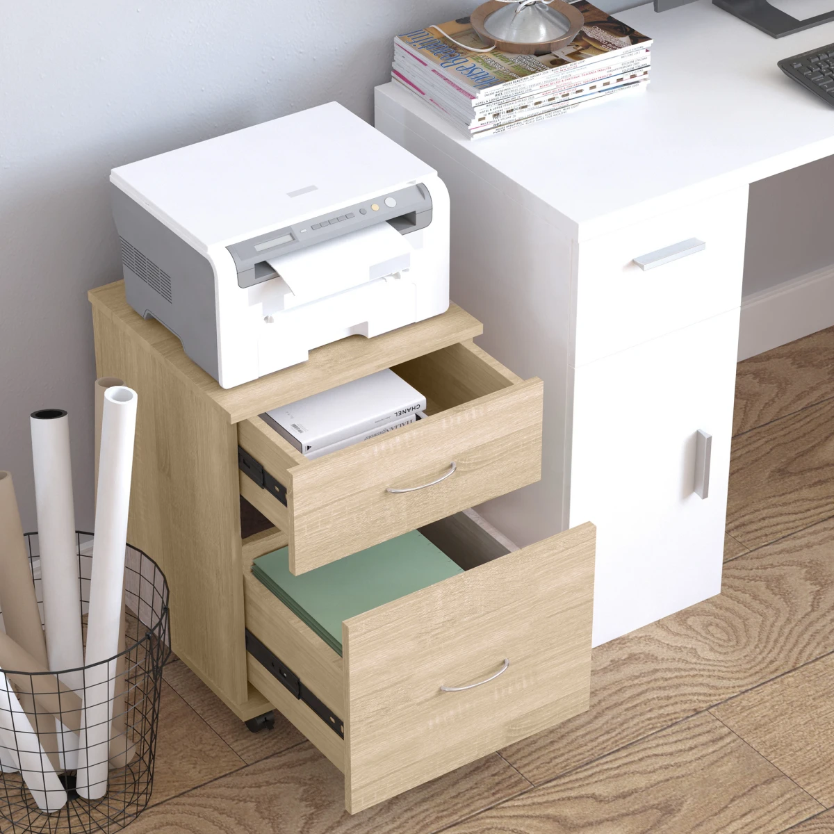 HOMCOM Premium Mobile File Cabinet Under Desk Height Oak Finish Two Drawer Office Pedestal - Office Storage