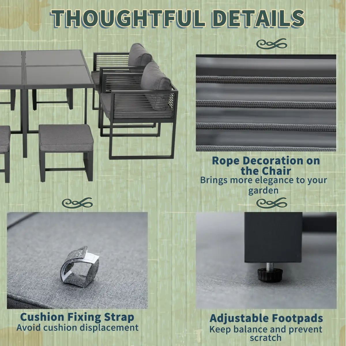Outsunny 8 Seater Dining Cube Set Dining Table, 4 Chairs & 4 Footstools & Cushion, Grey - Garden Set